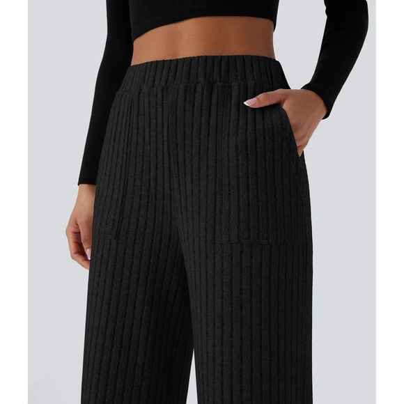 Halara Women's Black Ribbed High Waisted Wide Leg Pull On Lounge Pants Size L - Picture 2 of 15